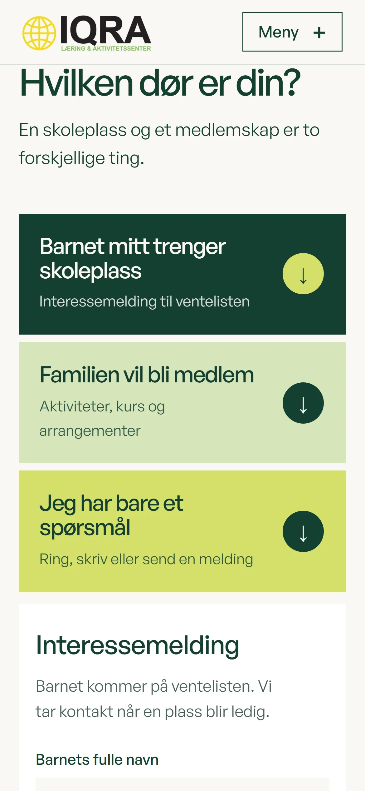 Iqra Senter på mobil: «Hvilken dør er din?», med valgene for skoleplass, medlemskap og spørsmål