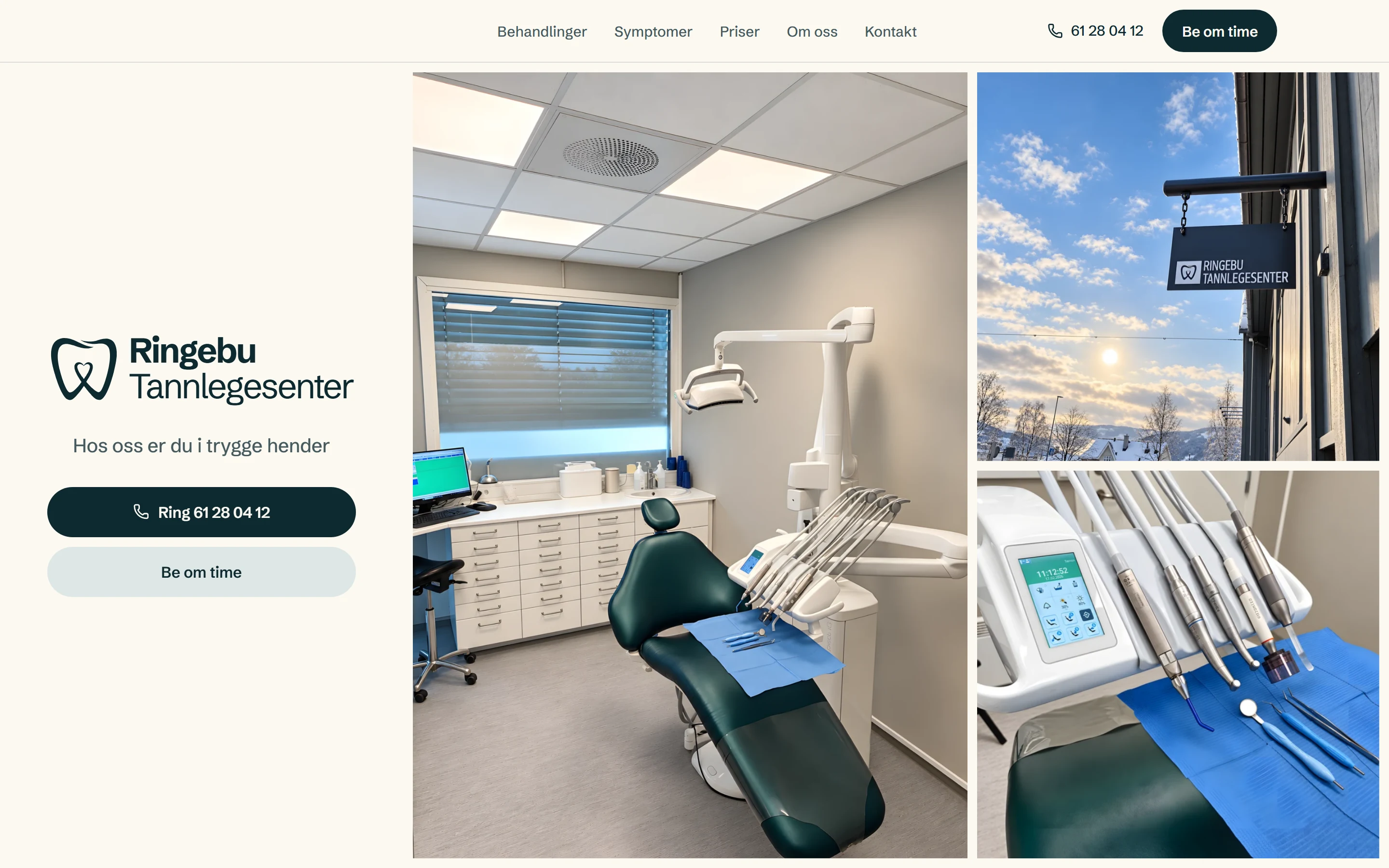 Forsiden til Ringebu Tannlegesenter på PC: «Hos oss er du i trygge hender», med bilder fra klinikken